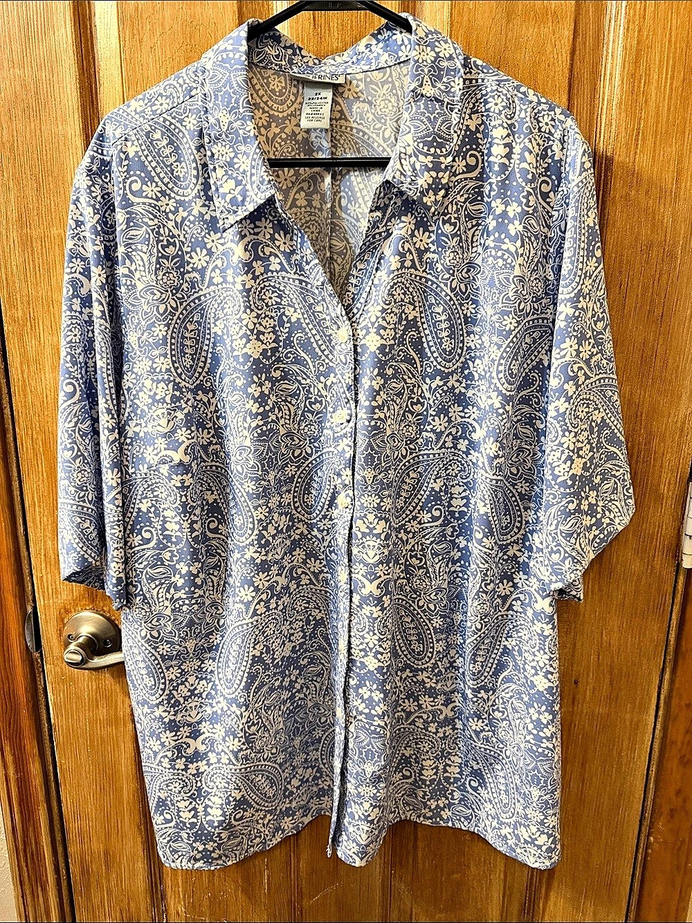 Catherines Paisley Button Down Top in Blue & White Size 2X